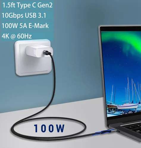 Miniatura 2 de Cable corto USB C a USB C (paquetes de 2 paquetes de 1.5 pies), 3.1 Gen 2 10Gbps 100W 4K USBC Video Cable de carga rápida de transferencia de datos