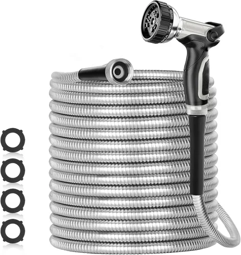 Miniatura 9 de SPECILITE Manguera de jardín de acero inoxidable 304 de 25 pies, tubería de agua resistente con boquillas para patio, exterior, flexible, nunca se