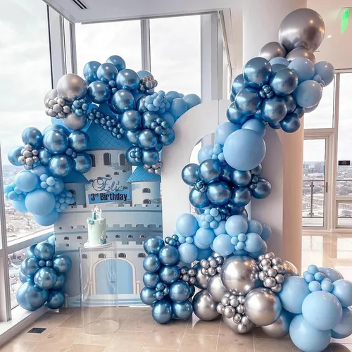 Miniatura 5 de Jobkoo Globos Azules y Blancos, 60 Pzs Globos de Látex Pastel Azul Bebé Plateado de 12 Pulgadas con Globos de Confeti Metálico Globos de Graduación