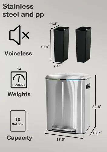 Miniatura 6 de Cubo de basura de acero inoxidable de 10 galones con tapa y asa con bisagras y asa, papelera de metal para cocina, hogar, cocina, oficina, papelera