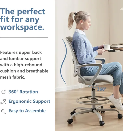 Miniatura 4 de DUMOS Silla de Dibujo - Silla de Oficina Ergonómica y Alta para Escritorio de Pie, Mostrador con Altura Ajustable y Cómodo Soporte Lumbar, Gris