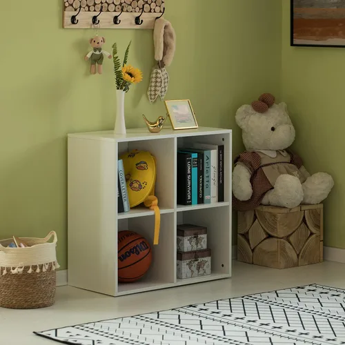Miniatura 2 de Basicwise Estantería de madera moderna para almacenamiento de juguetes, 4 cubos, organizador cuadrado, color blanco