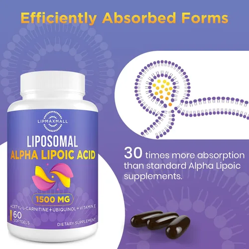 Miniatura 4 de lipmaxmall Ácido alfa liposomal lipoico 1500 mg - con acetil-L-carnitina 900 mg y ubiquinol 100 mg y vitamina E 15 mg, suplemento ALA