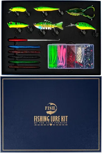 Kit de caja de aparejos de pesca de 104 piezas con señuelos de pesca, ganchos, pesas, herramienta para quitar anzuelos y accesorios de pesca, juego