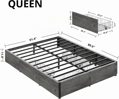 Miniatura 2 de LIKIMIO - Base de cama Queen con almacenamiento, 4 cajones y estructuras de soporte de metal pesado y resistente, estable y sólida, libre de ruidos