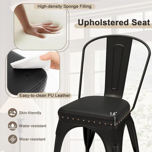 Miniatura 5 de Giantex Juego de 4 sillas de comedor de metal, sillas auxiliares apilables de cocina sin brazos con respaldo desmontable y asiento acolchado de piel