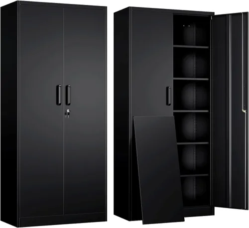 Yizosh Armario de almacenamiento de metal para garaje con 2 puertas y 5 estantes ajustables, gabinete de archivo de acero con cerradura de 71