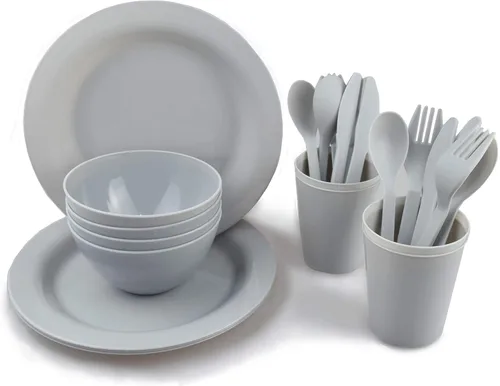 Juego de platos y cuencos de plástico, platos esenciales para dormitorio universitario, platos de campamento, accesorios de vajilla, kit de Gris