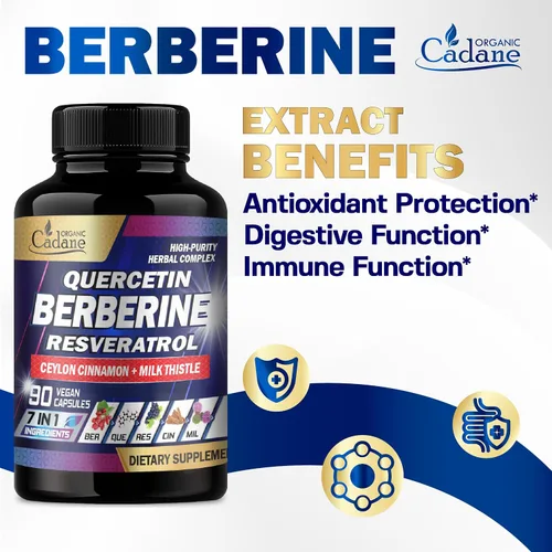 Miniatura 8 de Organic Cadane Suplemento de berberina pura 7 en 1 con quercetina, canela de Ceilán, resveratrol, cardo mariano, semilla de uva y pimienta negra