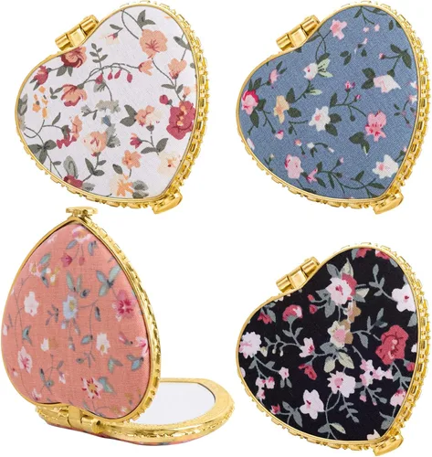 AUEAR, Paquete de 4 pequeñas flores portátiles espejo de maquillaje retro floral doble cara monedero para viaje cosmético corazón