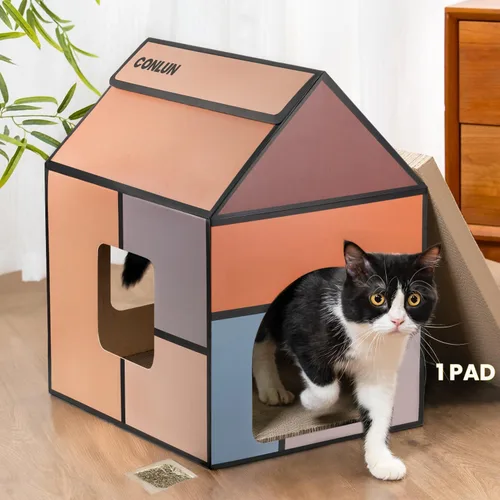 Miniatura 12 de Conlun Casa de cartón para gatos con almohadilla para rascar y hierba gatera, casa rascador para juegos de gatos para muebles de interior, rascador