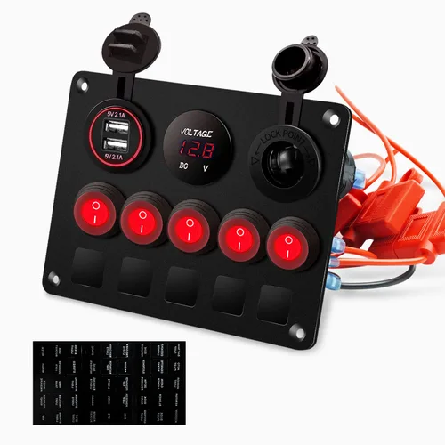 Miniatura 9 de Panel de Interruptores Basculantes Marinos de Barco de 5 Posiciones Azul Mejorado con Disyuntores, Panel de Interruptores Impermeable con Fusible