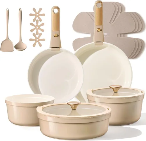 CAROTE Juego de 18 piezas de batería de cocina de cerámica con revestimiento antiadherente de titanio con asas desmontables, batería de cocina no