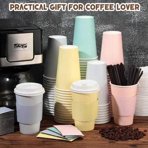 Miniatura 2 de Bokon Paquete de 100 tazas de café desechables de 16 onzas, tazas de café de papel de graduación a granel con tapas, popotes aislados