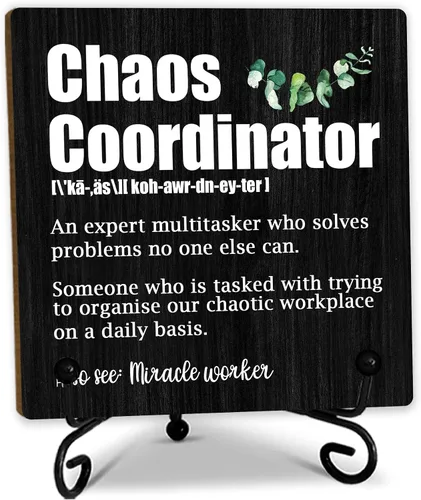 Cartel de madera de Coordinador del Caos de 5 pulgadas con soporte de metal, definición del coordinador del caos, placa de madera para regalos