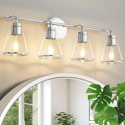 Miniatura 11 de Accesorios de iluminación de baño sobre espejo Luces de tocador doradas de 2 luces con pantalla de vidrio transparente de 14 pulgadas Luces