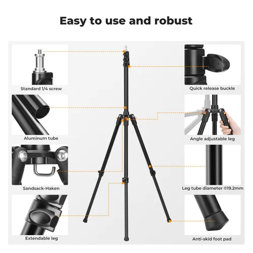 Miniatura 5 de K&F CONCEPT Soporte de fotografía extensible, trípode de aluminio ajustable de 6.56 pies/78.7 pulgadas con tornillo de 1/4 pulgadas, trípode