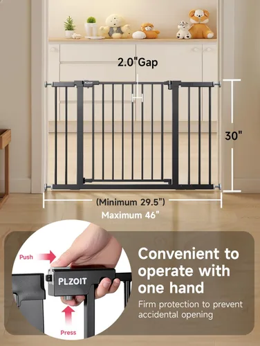Miniatura 3 de Puerta de bebé extra ancha de 29.5-46 pulgadas para escaleras, puerta para perros para puertas, puerta de metal para mascotas con cierre automático