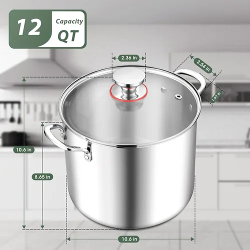 Miniatura 5 de Herogo Olla de acero inoxidable 18/10 de 12 cuartos de galón con tapa, olla grande y resistente compatible con cocinas eléctricas, de gas