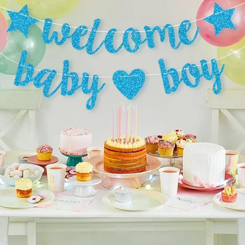 Miniatura 2 de Decoraciones de baby shower para niños, pancarta de bienvenida con purpurina, banderines colgantes para fiesta de cumpleaños de recién nacidos, Azul