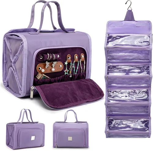 Miniatura 9 de ROYALFAIR Bolsa de maquillaje enrollable, bolsa de aseo impermeable para mujer, organizador de viaje colgante con compartimento organizador de Azul
