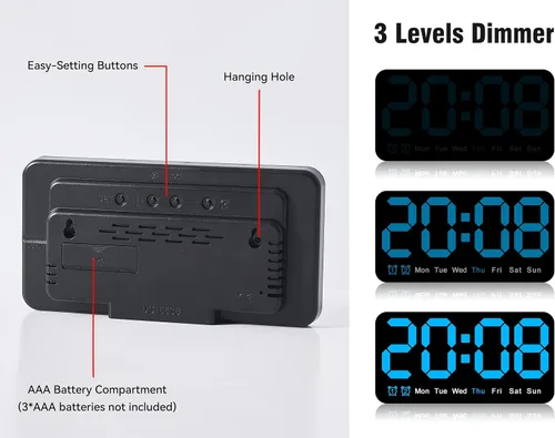 Miniatura 5 de Reloj de pared digital grande de 9.5 pulgadas con pantalla LED, DST automático, alarma dual con repetición, brillo ajustable, visualización