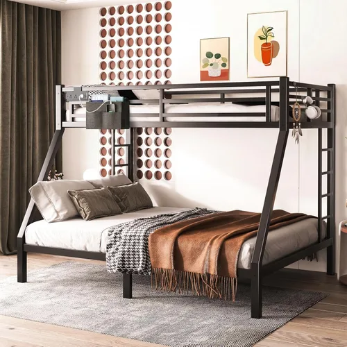 Litera individual XL sobre Queen, cama alta de metal resistente para adultos/adolescentes, capacidad de 350/600 libras con escalera y barandilla,