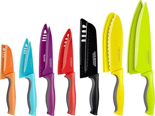 Cook N Home Basics - Juego de cuchillos de cocina de acero inoxidable al carbono recubierto con fundas, cuchillas afiladas antiadherentes,