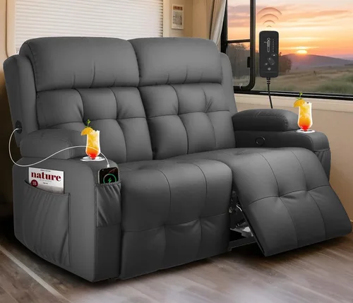 Miniatura 22 de Sofá Reclinable Loveseat para RV, Sofá Reclinable de Masaje de 3 Asientos Abrazador de Pared con USB, Bolsillos Integrados, Portavasos, Sofás Cama