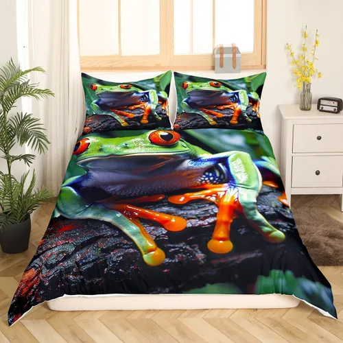Miniatura 12 de Erosebridal Juego de funda de edredón de rana 3D, tamaño individual, juego de ropa de cama de rana de árbol de ojos rojos, funda de edredón