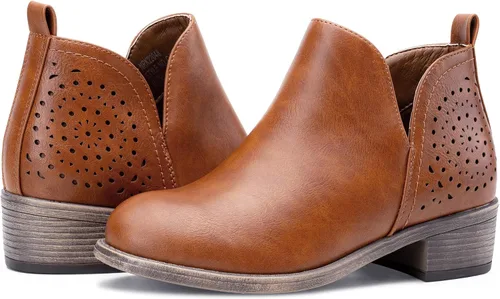 Miniatura 8 de VEPOSE botas al tobillo para mujer con tacón bajo y grueso, con perforaciones, botas de vaquero