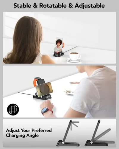 Miniatura 6 de Cargador inalámbrico con reloj despertador para Samsung, estación de carga plegable 4 en 1 para Galaxy Watch 8/7/Ultra/Classic/FE/6, Galaxy