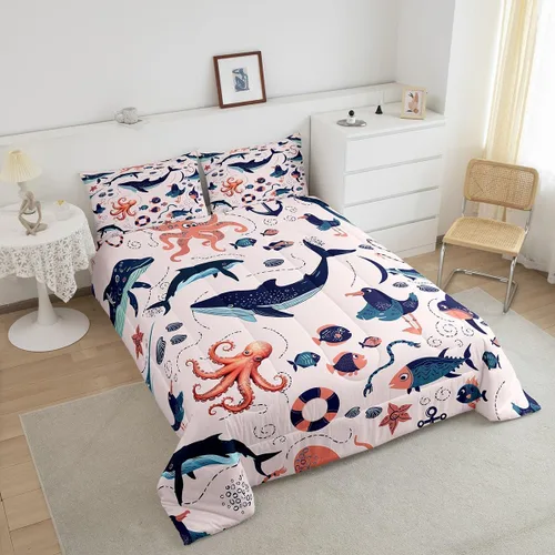 Miniatura 3 de Erosebridal Juego de edredón de animales costeros para niños y niñas, juego de ropa de cama de ballena de dibujos animados, tamaño individual, lindo