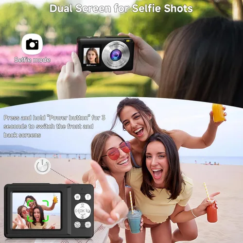 Miniatura 3 de Cámara digital, cámara selfie de doble pantalla de 56MP 2.7K con zoom de 16X, 20 filtros y antivibración, cámaras digitales portátiles de apuntar