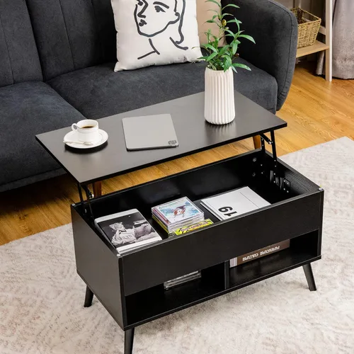 Miniatura 2 de Tangkula Mesa de centro elevable, mesa de comedor de madera con almacenamiento oculto y 2 estantes abiertos, dispositivo de elevación hidráulica