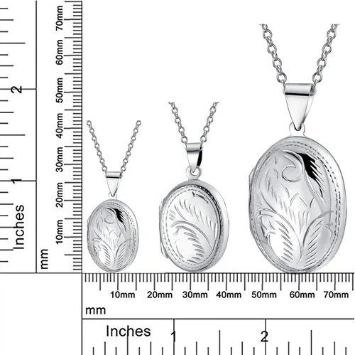 Miniatura 4 de Bling Jewelry Medallones de Fotos Ovalados de Estilo Vintage Personalizados con Grabado de Hojas Florales para Mujeres, Collar Colgante de Plata