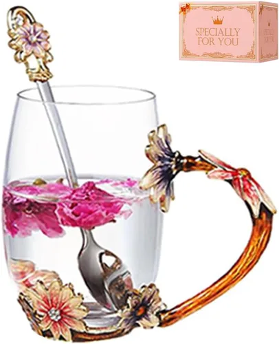 Taza de té de flores de margarita, tazas de café esmaltadas de vidrio hechas a mano con cuchara delicada, regalo de cumpleaños para esposa, madre,