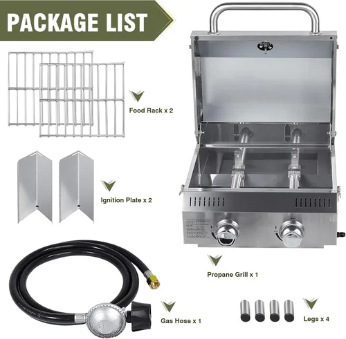 Miniatura 7 de Bestfire - Parrilla de gas propano de mesa, 2 quemadores, 20,000 BTU Parrilla de propano portátil de acero inoxidable con patas para patio al aire