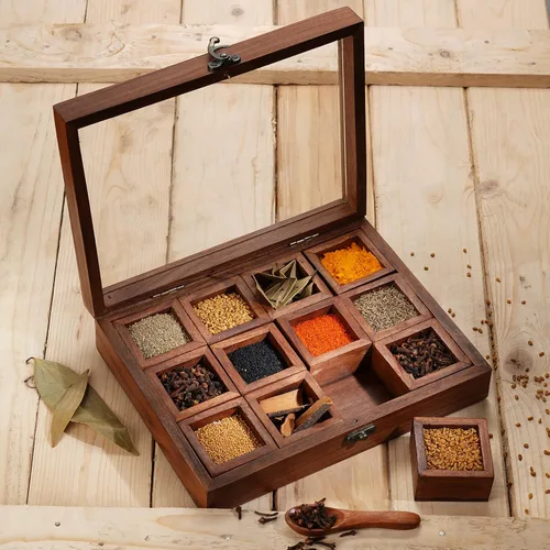 Ajuny Masala Dabba - Caja de especias de madera, organizador con tapa de vidrio en la parte superior, 12 compartimentos extraíbles y 1 recipiente de