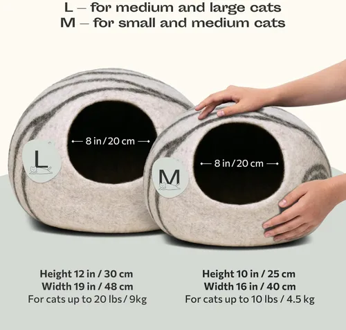 Miniatura 2 de MEOWFIA Cueva de gato – Cama de gato de fieltro premium para gatos de interior, hecha a mano 100% lana de merino, gato (gris claro, grande)
