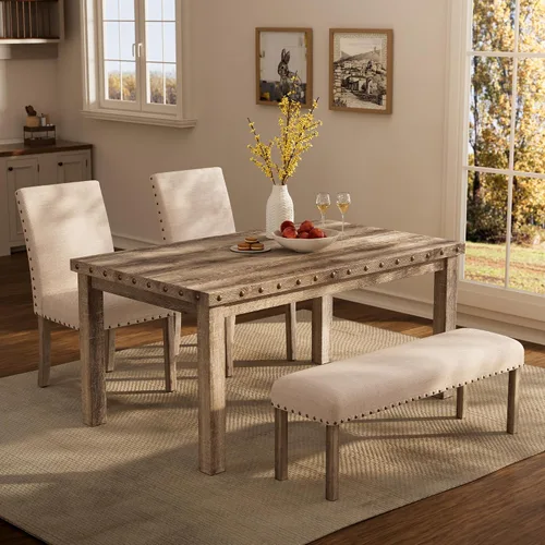 Miniatura 13 de Morden Fort Juego de Comedor Estilo Granja para 4, Mesa Rectangular de Madera de 60" y 4 Sillas Tapizadas con Detalles de Tachuelas, Juego de Mesa