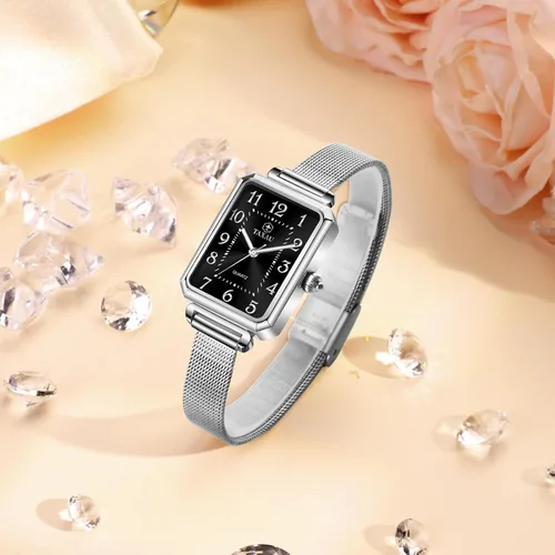 Miniatura 6 de Reloj cuadrado para mujer, pulsera de malla de acero inoxidable, rectangular, reloj de vestir para mujer, reloj de pulsera analógico de cuarzo