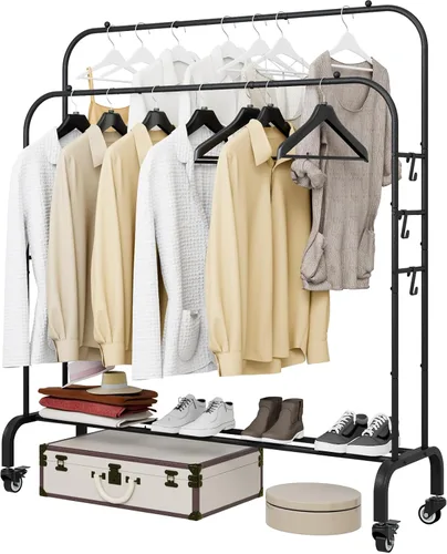 Miniatura 14 de SUOERNUO Perchero con ruedas para ropa, estante para colgar ropa resistente, estante metálico enrollable para dormitorio, armario (Negro)