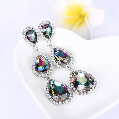 Miniatura 138 de EleQueen Pendientes de cristal austriaco en tono dorado para mujer, forma de pera de 2.5 pulgadas, color esmeralda