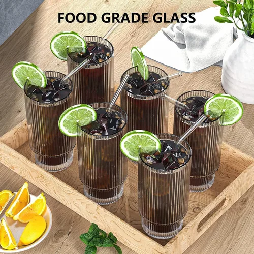 Miniatura 7 de CWHHRN Juego de 4 tazas de vidrio acanalado de 16 onzas con tapas y pajitas, cristalería vintage para whisky, cóctel, cerveza, tazas de café helado