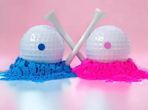 Miniatura 4 de Pelotas de golf para fiesta de revelación de género, 1 bola rosa rellena de polvo y 1 bola azul, sorpresa para bebé niño o niña, juego de golf