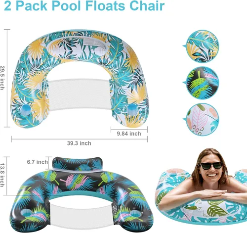 Miniatura 6 de ANNIL 【Paquete de 2】Silla flotante inflable para adultos, silla flotante inflable de ocio acuático, soporte para bebidas, reposacabezas ergonómico