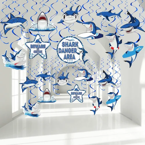 Censen 30 piezas de remolinos colgantes de tiburón, suministros de fiesta de tiburón, remolinos de papel de aluminio de océano y mar, decoración de