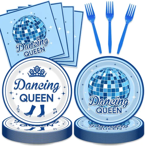 Dancing Queen - Juego de 48 piezas de vajilla retro de los años 70, platos de discoteca y servilletas, tenedores, suministros para 16 bolas de Azul