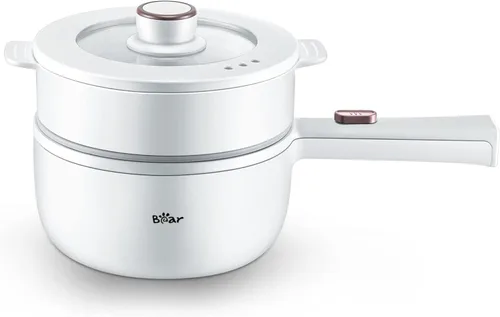 Bear Hot Pot - Olla eléctrica con vaporizador, olla rápida de fideos de 1.6L, mini olla, sartén antiadherente para carne, ramen, huevo, avena, sopa